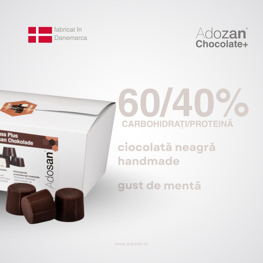 Ciocolată Adozan Chocolate+ cu Mentă (Proteină + Energie) — Cutie 250g (28 buc)
